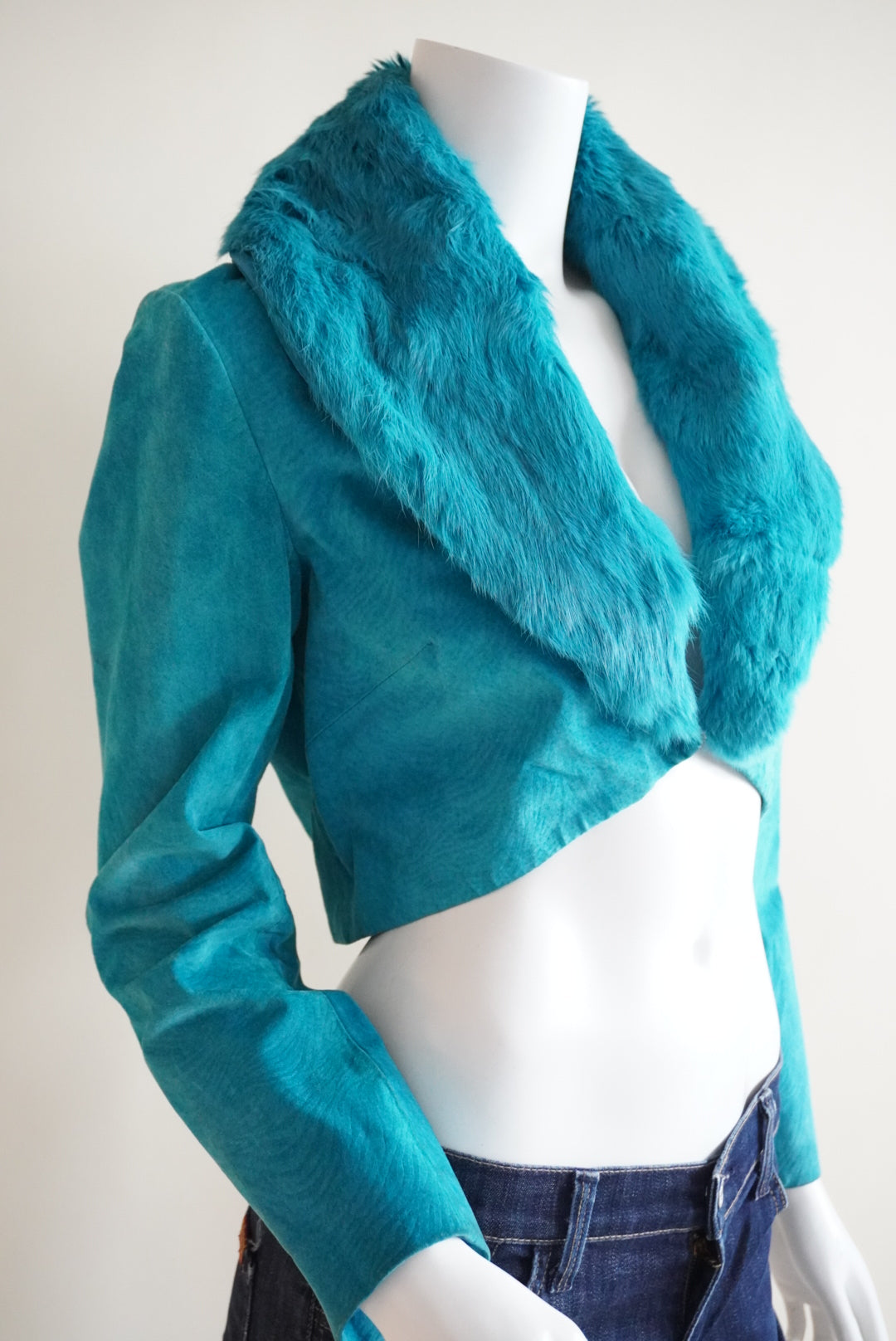 Luciano Dante Y2K Turquoise Vintage Leather Rabbit Fur Collar Bolero Jacket - Size Medium