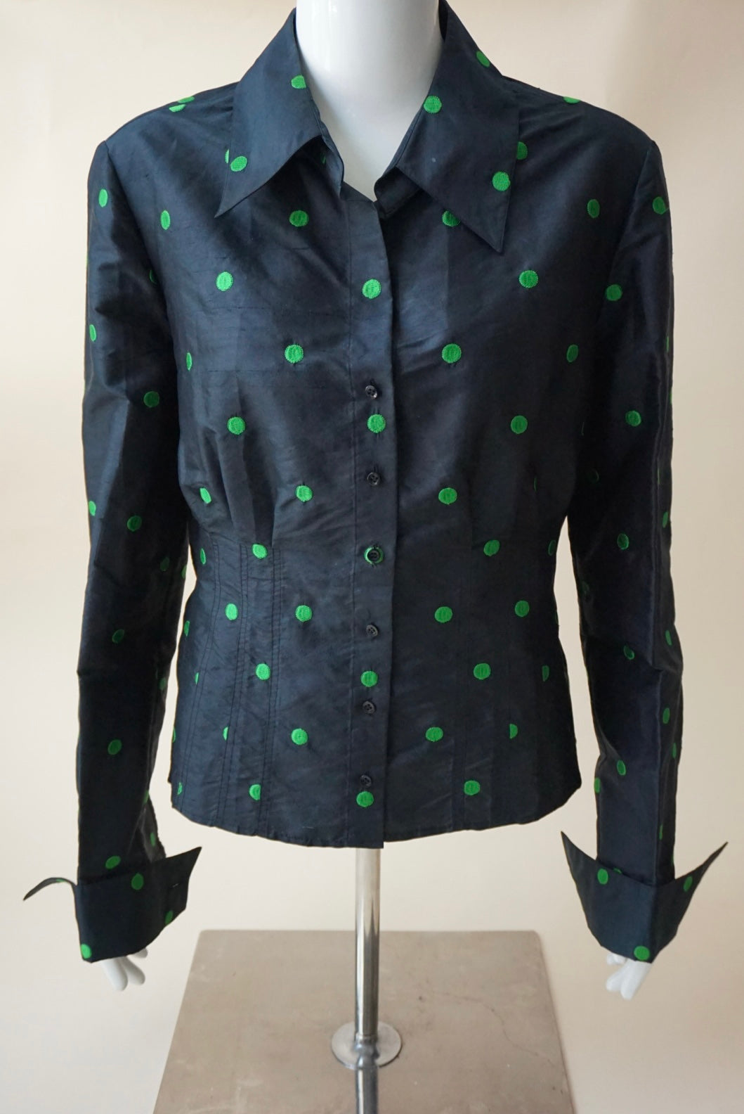 Carlisle Vintage Black Raw Silk Embroidered Green Polka Dot Blouse - Size 12