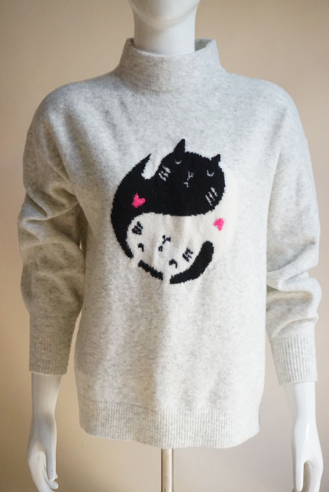 Loft Ann Taylor Kitty Ying Yang Turtle Neck Grey Wool Sweater - Size Small
