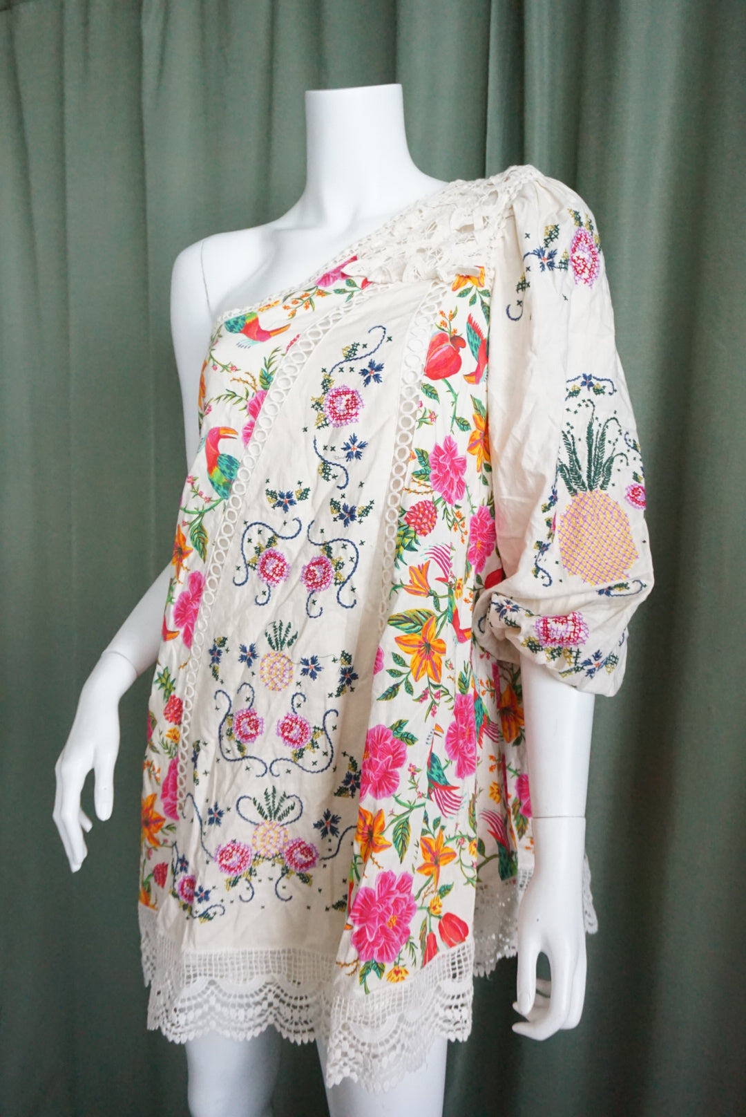 Farm Rio Anthropologie Toucans Garden One Shoulder Embroidered Dress - Size XS