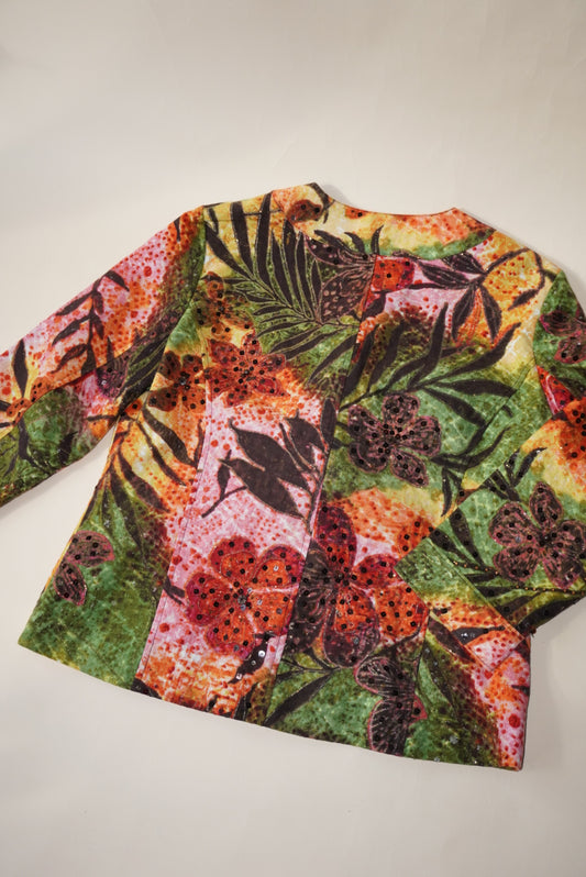 Chico's Multicolor Floral Sequin Button Front Lined Short Jacket - Size 1