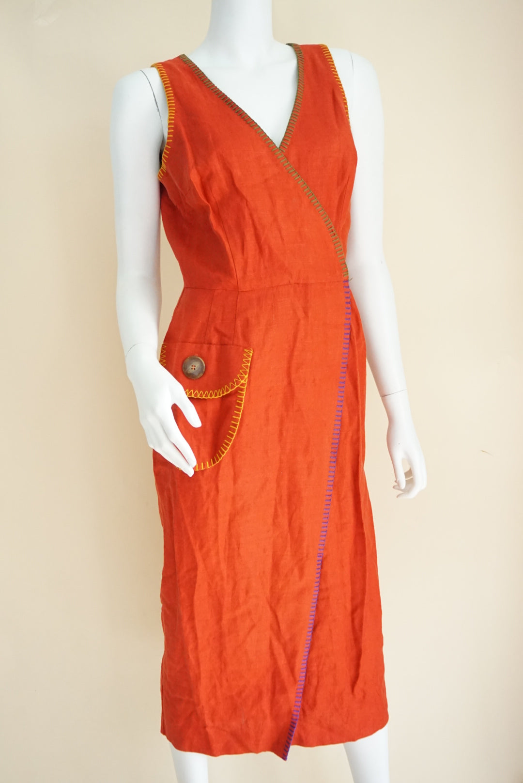 Nicole Miller USA Made VTG Terracotta Linen Colorblock Trim Maxi 90s Dress - Size Small