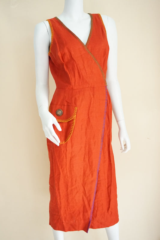 Nicole Miller USA Made VTG Terracotta Linen Colorblock Trim Maxi 90s Dress - Size Small