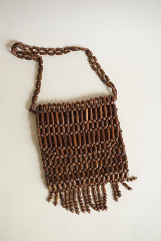 Handmade Brown Wood Beaded Flap Shoulder Bag