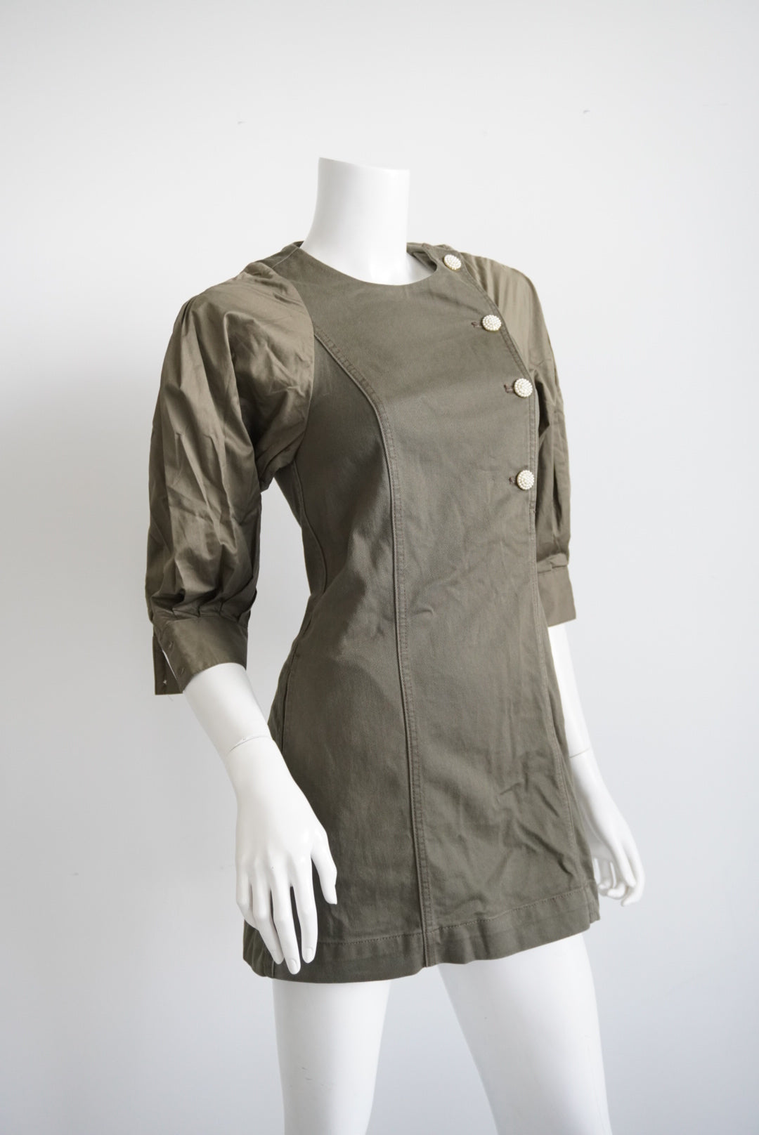 Something Navy Denim Arielle Pearl Button Mini Olive Dress NWT - Size 4