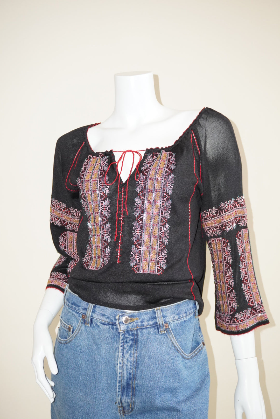 DKNY Vintage Silk Peasant Beaded Blouse - Size Medium
