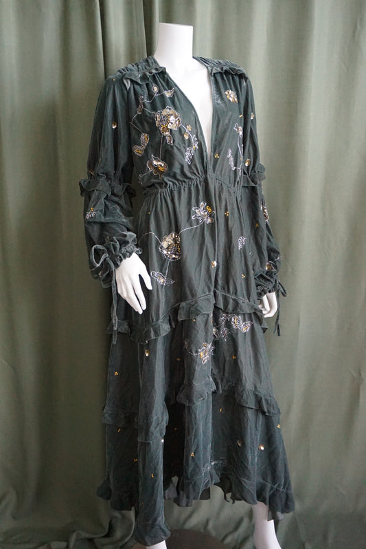 ASOS Curve Velvet Green Tiered Smock Floral Embellished Maxi Dress - Size 18