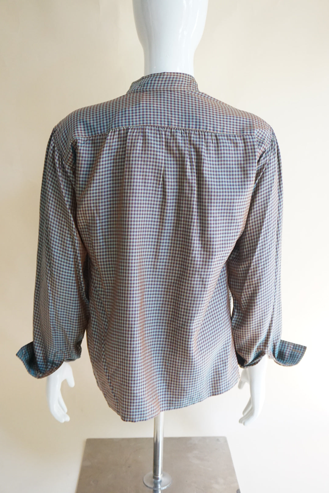Saint Laurent Rive Gauche VTG Iridescent Mandarin Collar Silk Plaid Blouse - Size 40