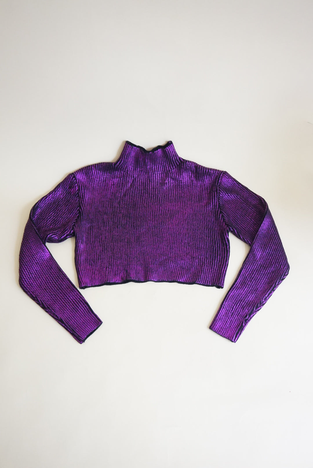 Akira Metallic Purple Cable Knit Cropped Turtle Neck Sweater - Size Small