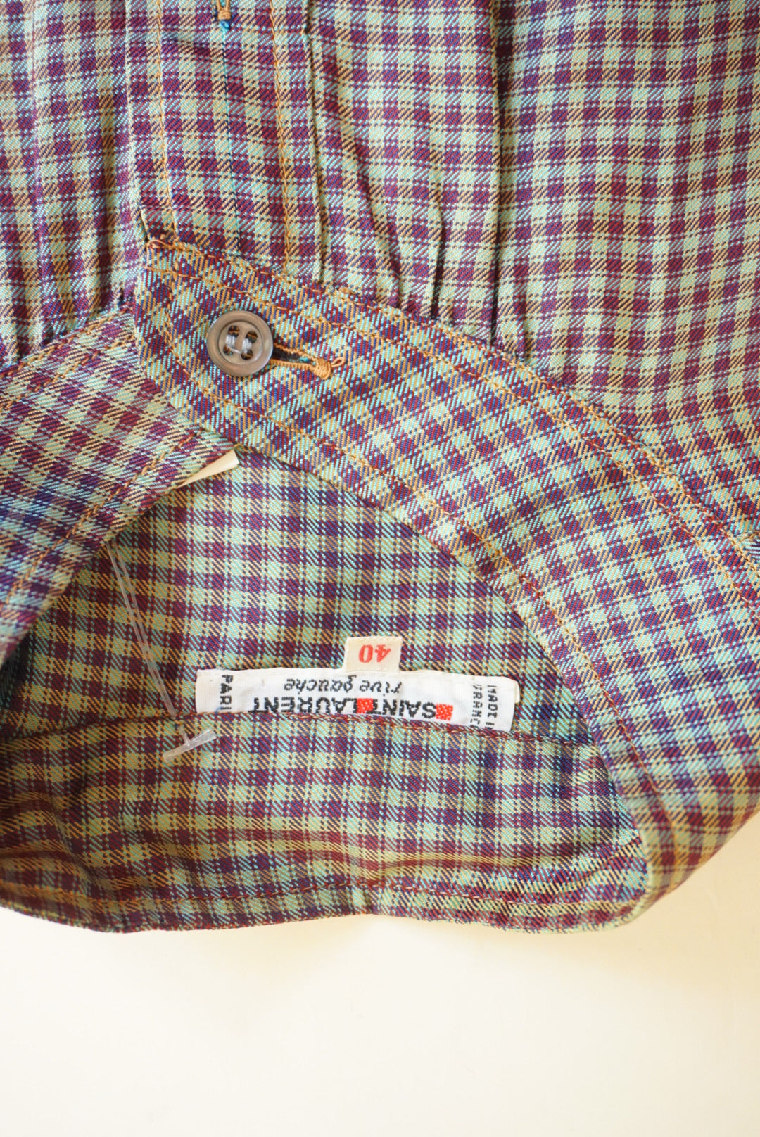 Saint Laurent Rive Gauche VTG Iridescent Mandarin Collar Silk Plaid Blouse - Size 40