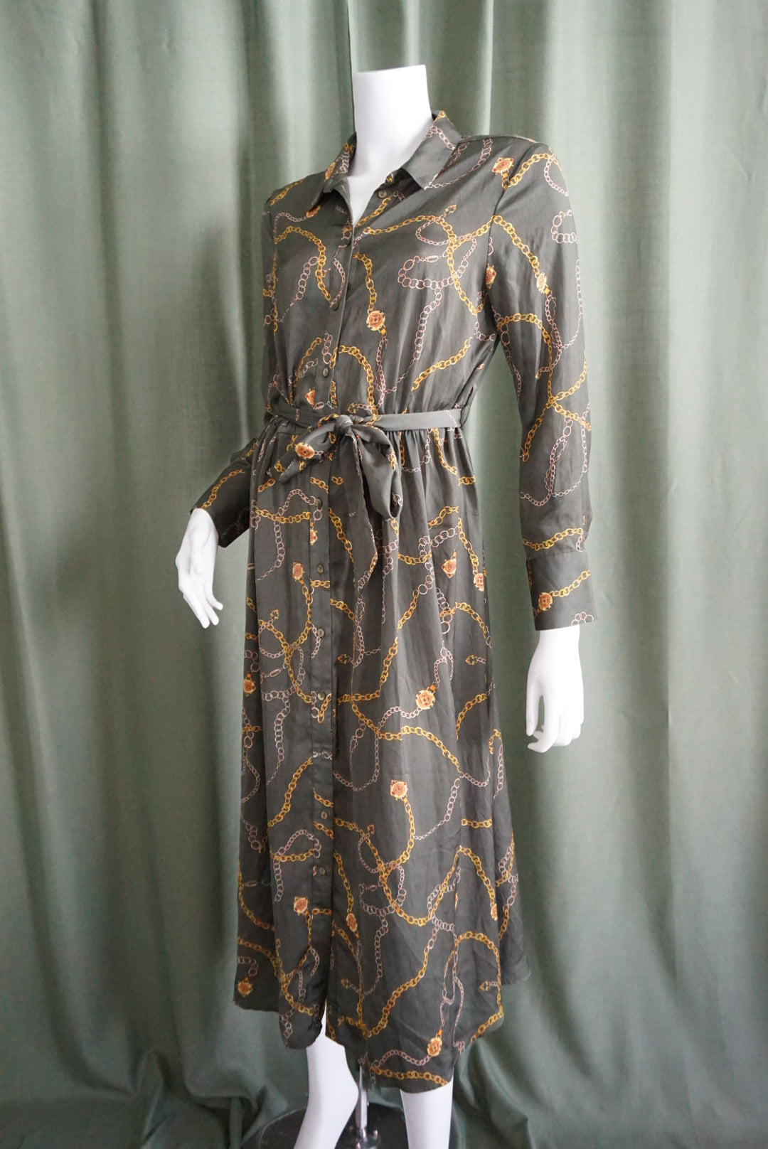 Mango Olive Chain Print Button Down Shirt Belted Dress - Size 6