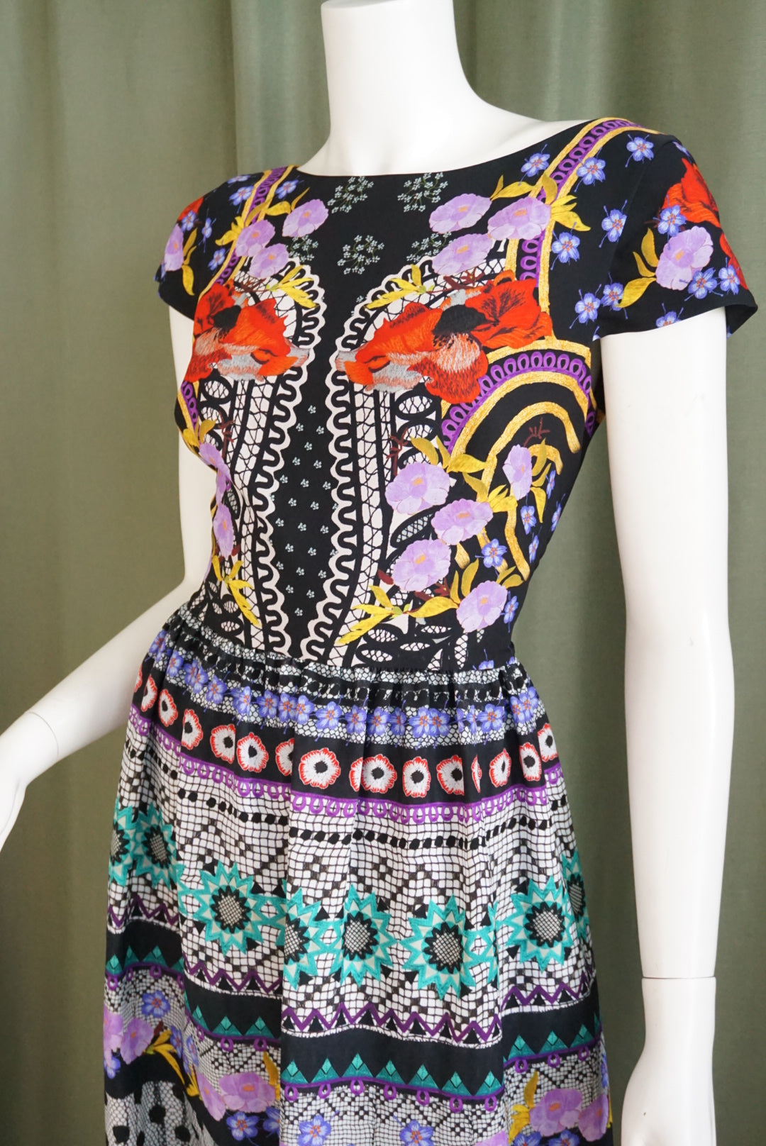 Temperley London Cherise Printed Cap Sleeve Pleated Dress - Size 8