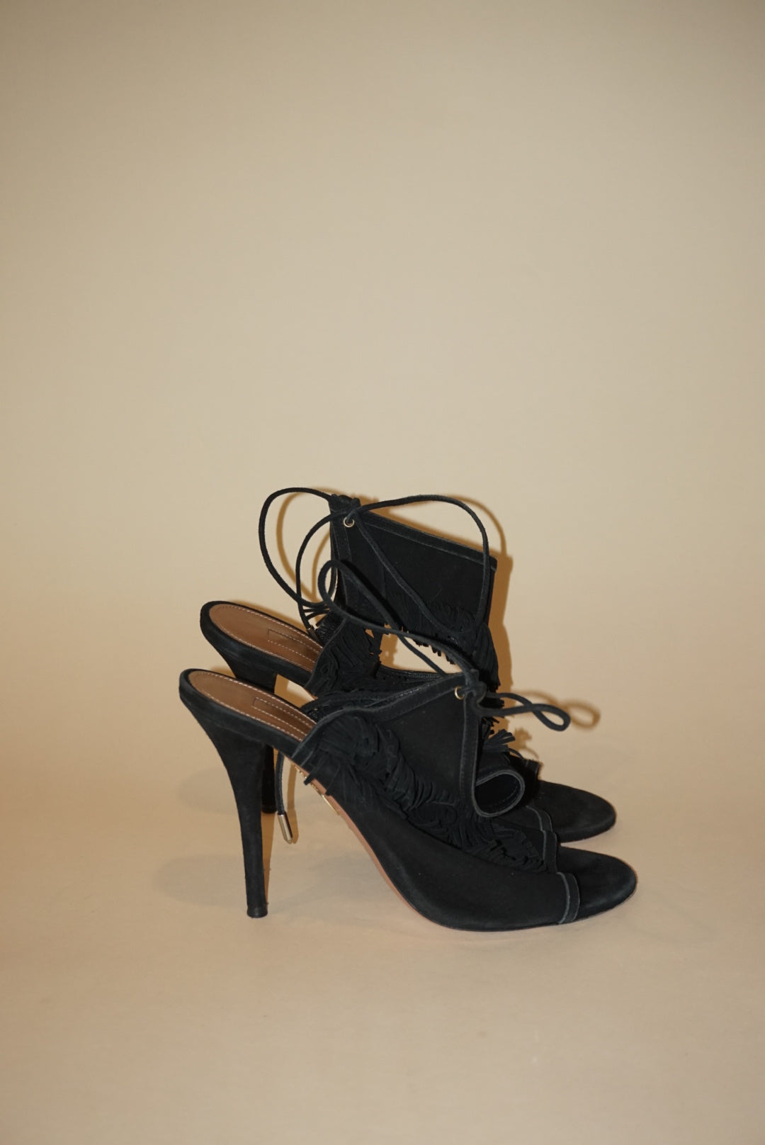 Aquazzura Fringe Gladiator Black Suede Sandal Heel - Size 37.5