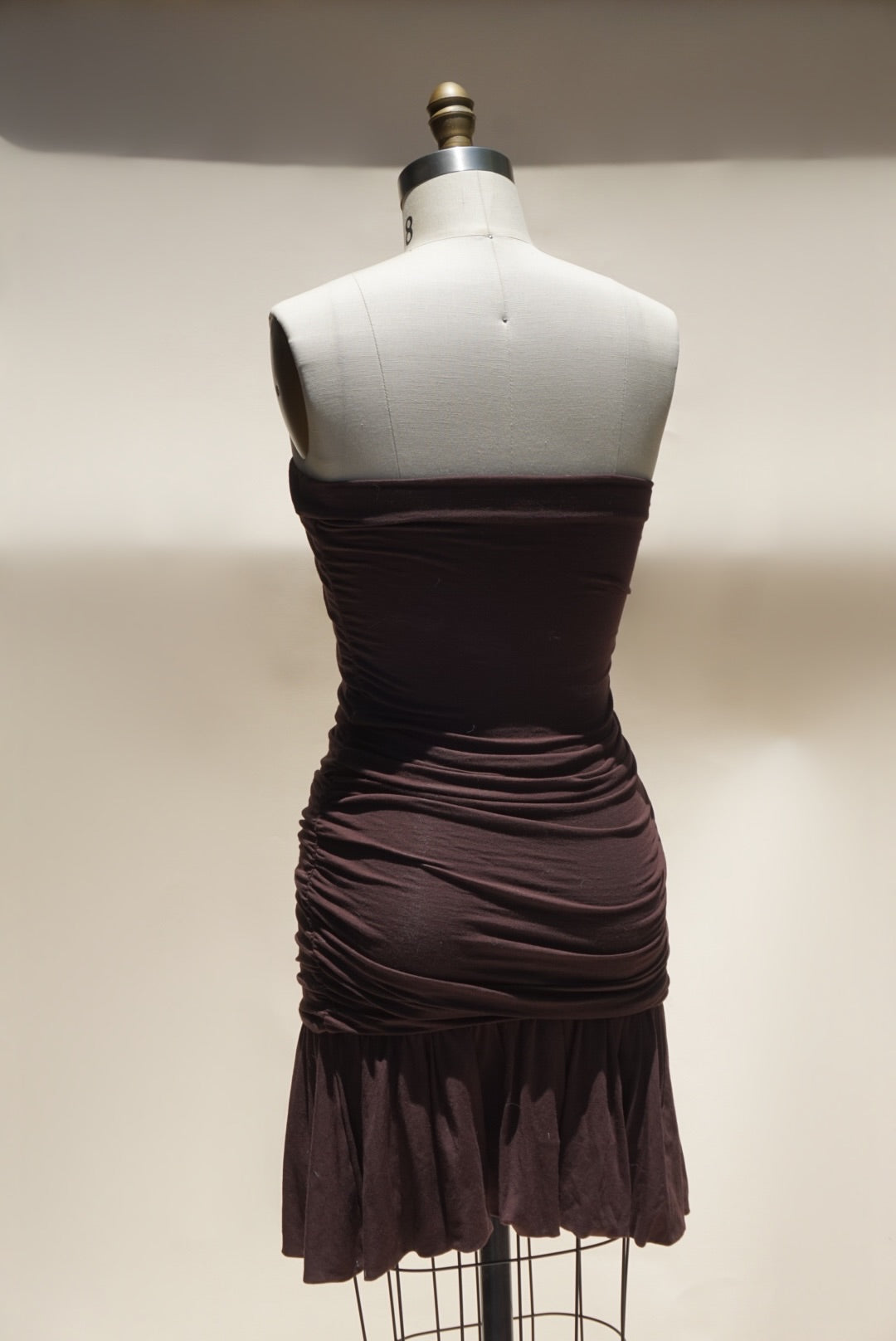 “BCBGMAXAZRIA” Vintage Brown Mini Strapless Ruffle Hem Knit Dress - Size