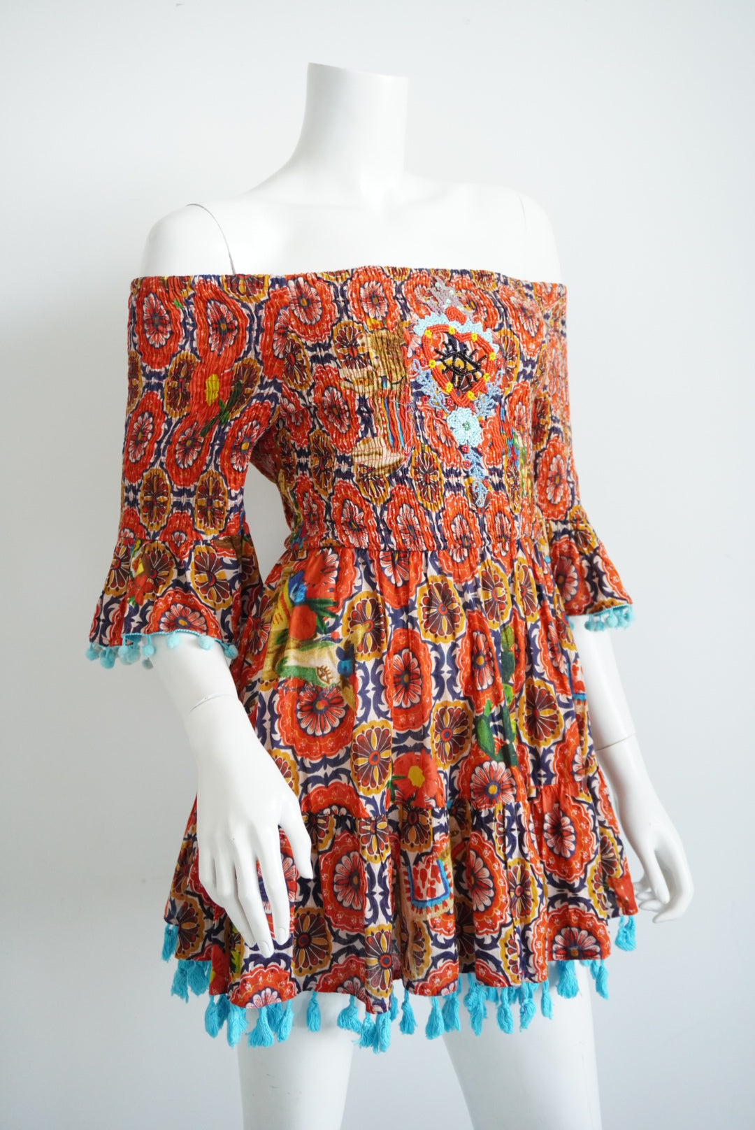 Antica Sartoria by Giacomo Cinque Beaded Shirred Mini Floral Dress - One Size