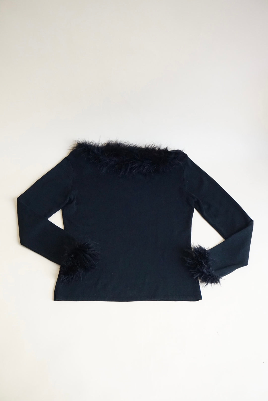 Joesph A. Silk Blend Black Knit Feather Trim Y2K Blouse - Size Large