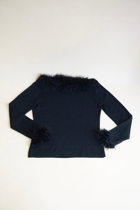 Joesph A. Silk Blend Black Knit Feather Trim Y2K Blouse - Size Large