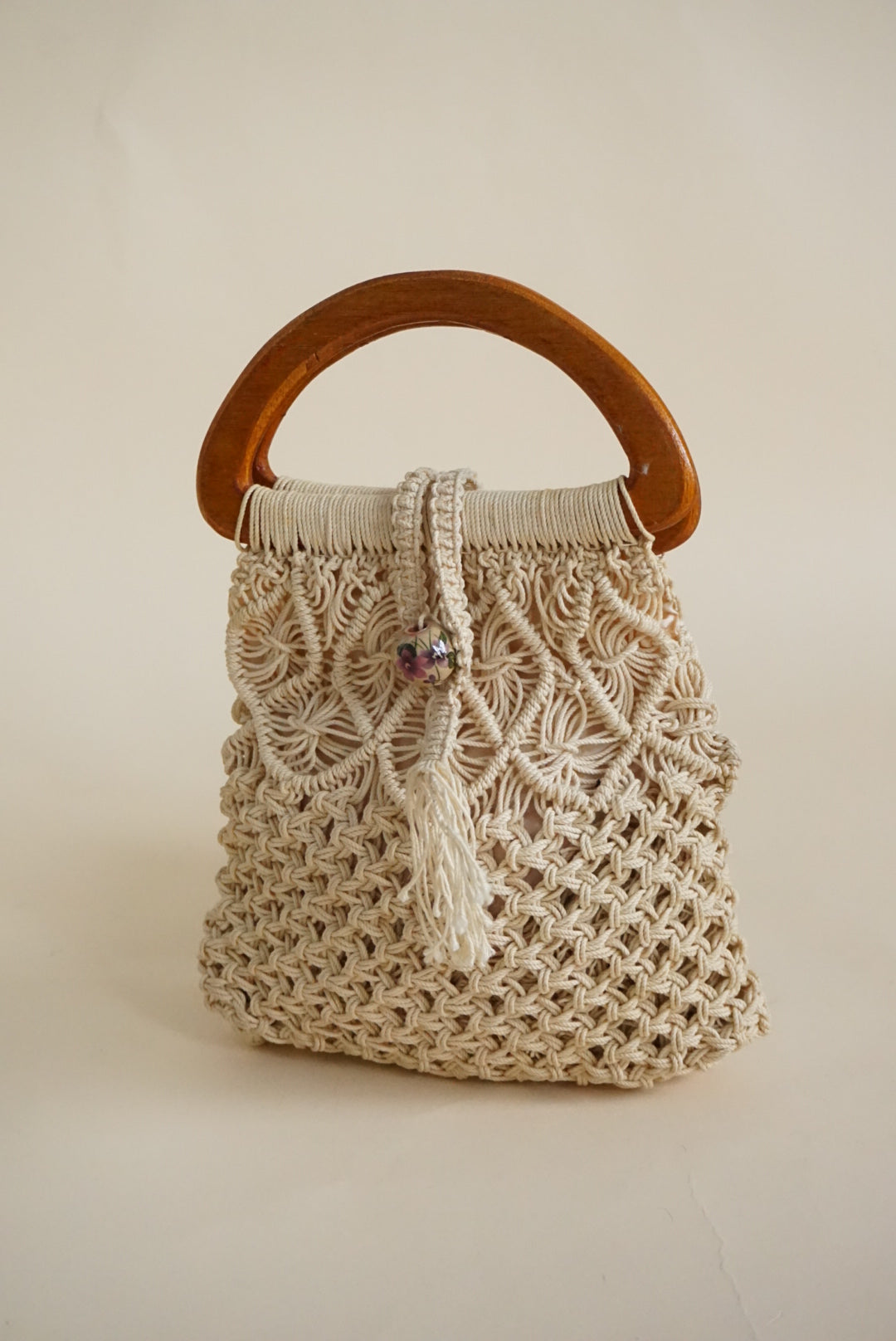 Crochet Cotton Handmade Wooden Handle Vintage Bag