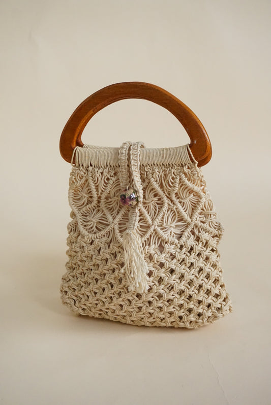 Crochet Cotton Handmade Wooden Handle Vintage Bag