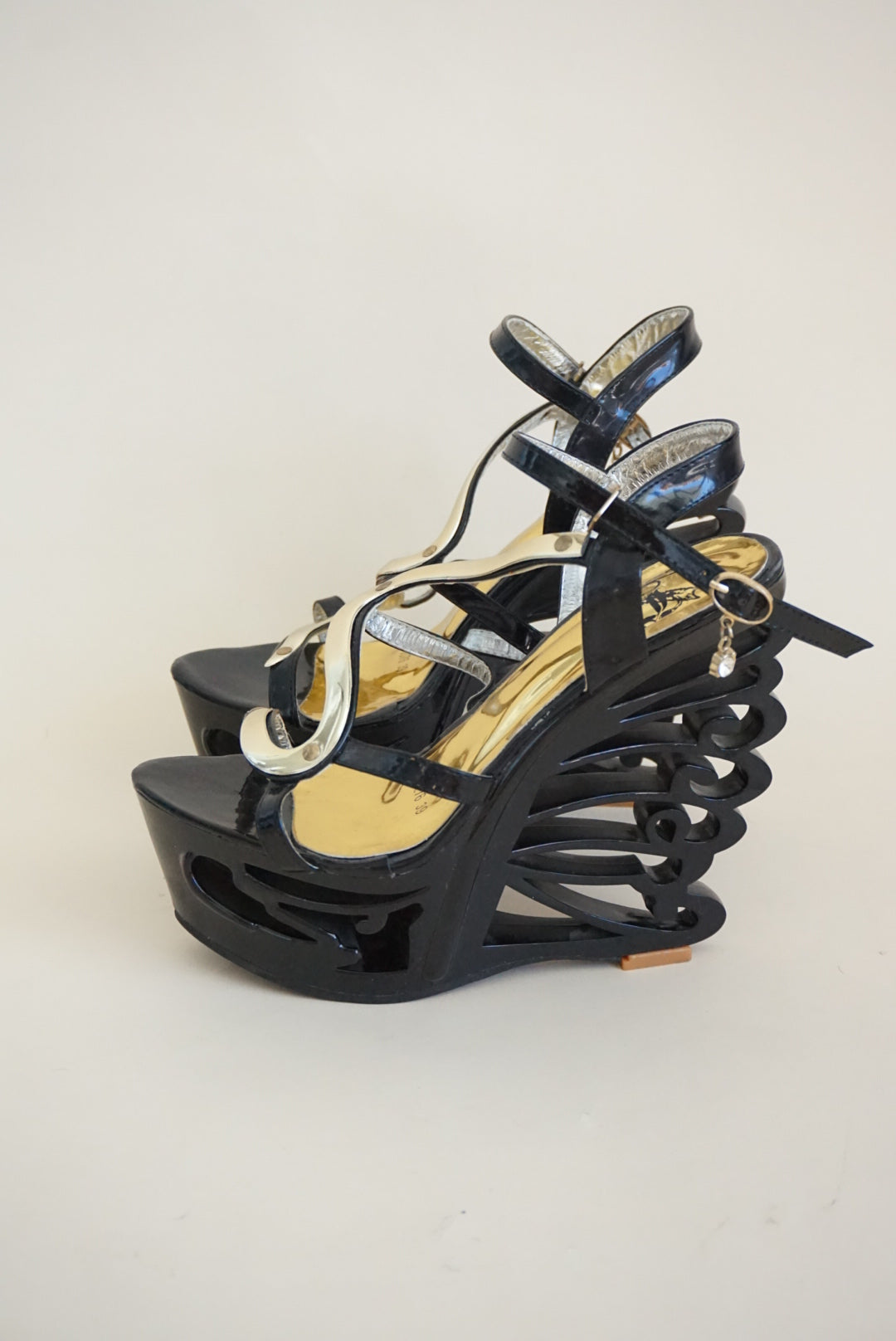 Butterfly Patent Leather Cut Out Wedge Acrylic Y2K Heel - Size 39