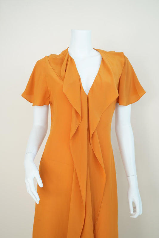 Victoria Beckham Mustard Silk Made in Italy Ruffle Plunge Neck Dress