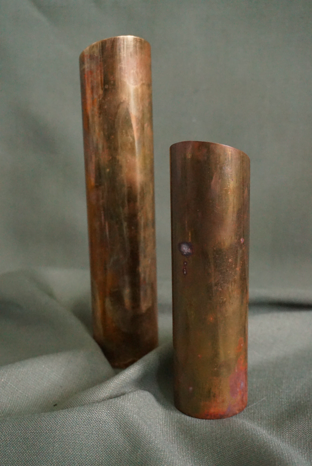 Mid Century Modern Danish Brass Cylinder Angled Top Candle Holders - Set of 2