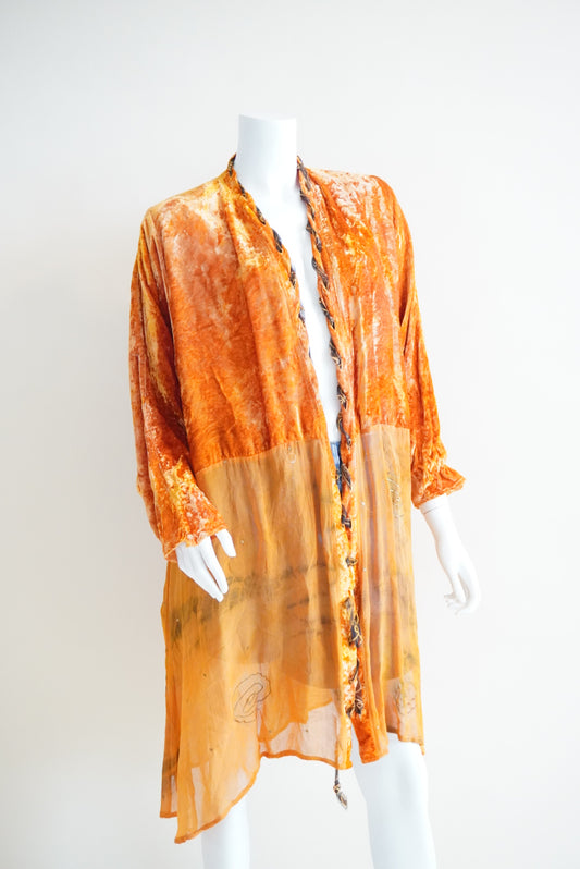 URU Vintage 80's Crushed Velvet Sheer Orange Duster - One Size