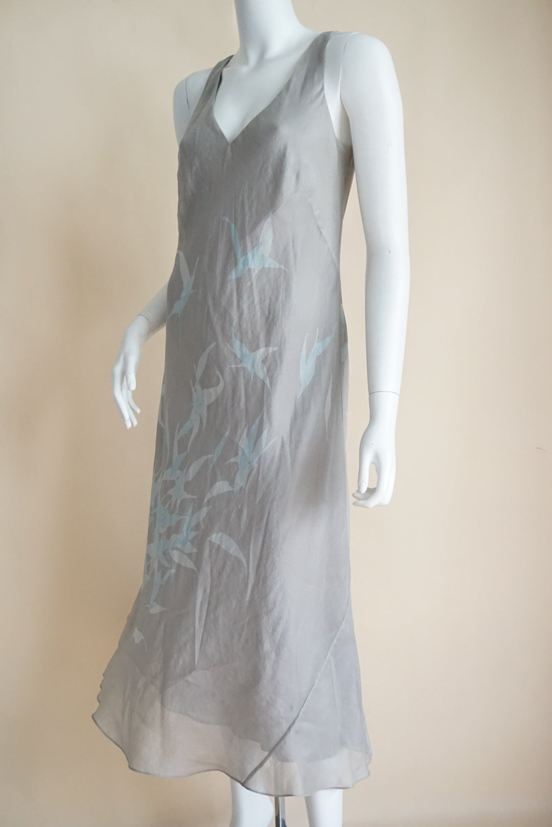 Banana Republic VTG Y2K Spring Summer 2000 Grey Bird Design Maxi Dress - Size 8