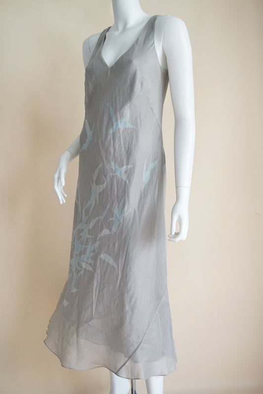 Banana Republic VTG Y2K Spring Summer 2000 Grey Bird Design Maxi Dress - Size 8