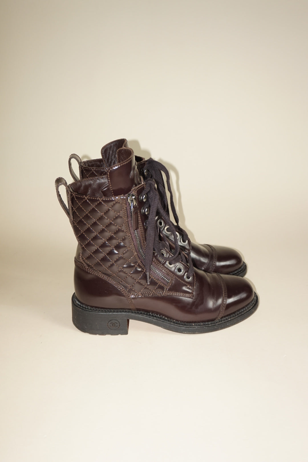 “Chanel” Dark Burgundy Shiny Calfskin Quilted CC Lace Up Combat Boots - Size 36.5