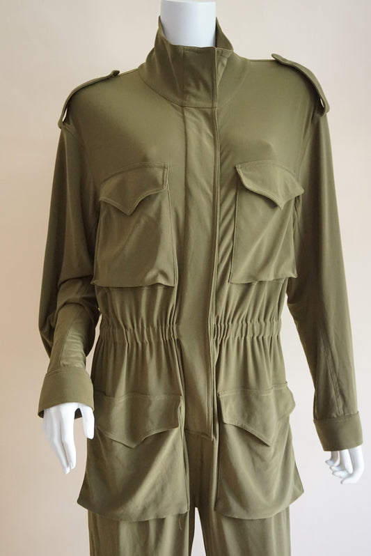 Norma Kamali Olive Green Utility Cargo Lycra Jumpsuit - Size Large