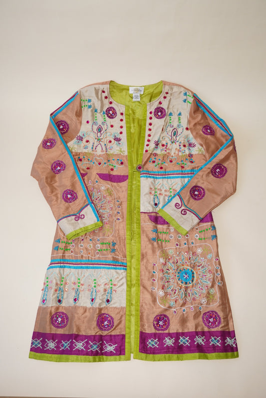 Sandy Starkman VTG Multicolor Silk Blend Patchwork Mirrored Boho Jacket - Size Large