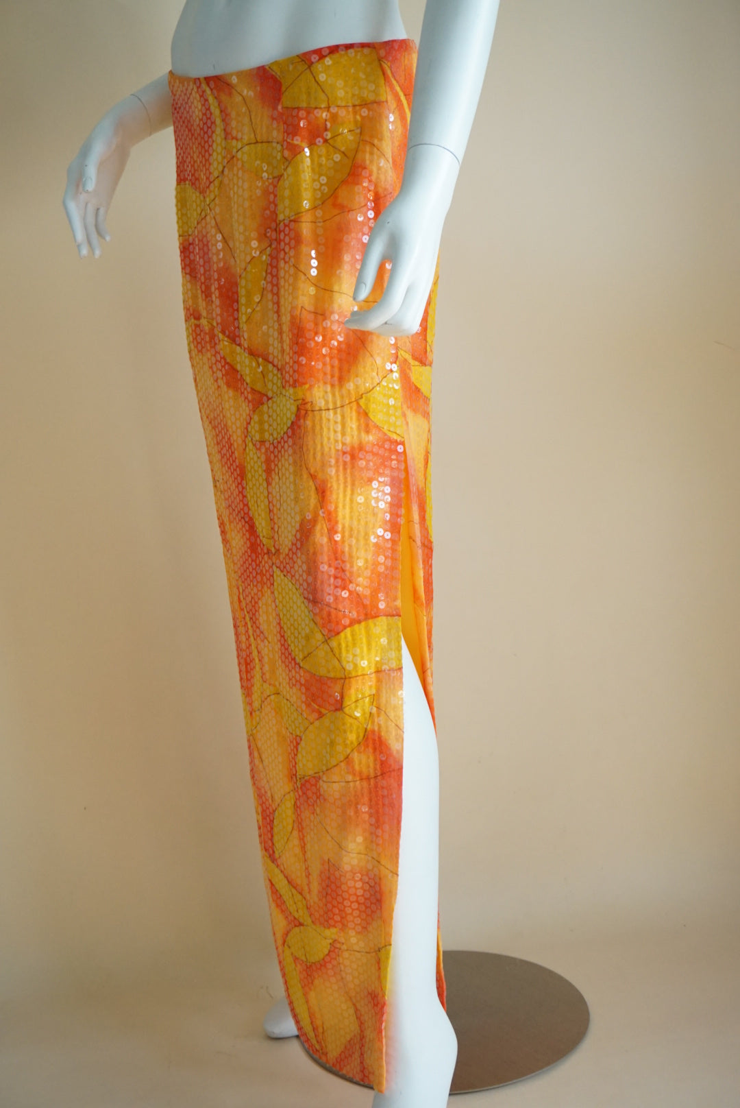 Chetta B Evening Orange Sunset Sequin Maxi Side Slit Skirt - Size 8