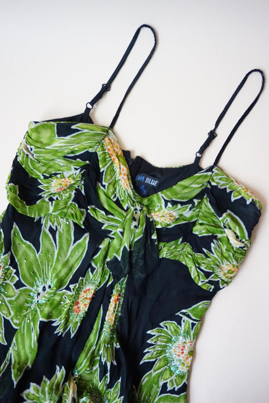 Eva Blue Beaded Floral Slip Dress - Size 12