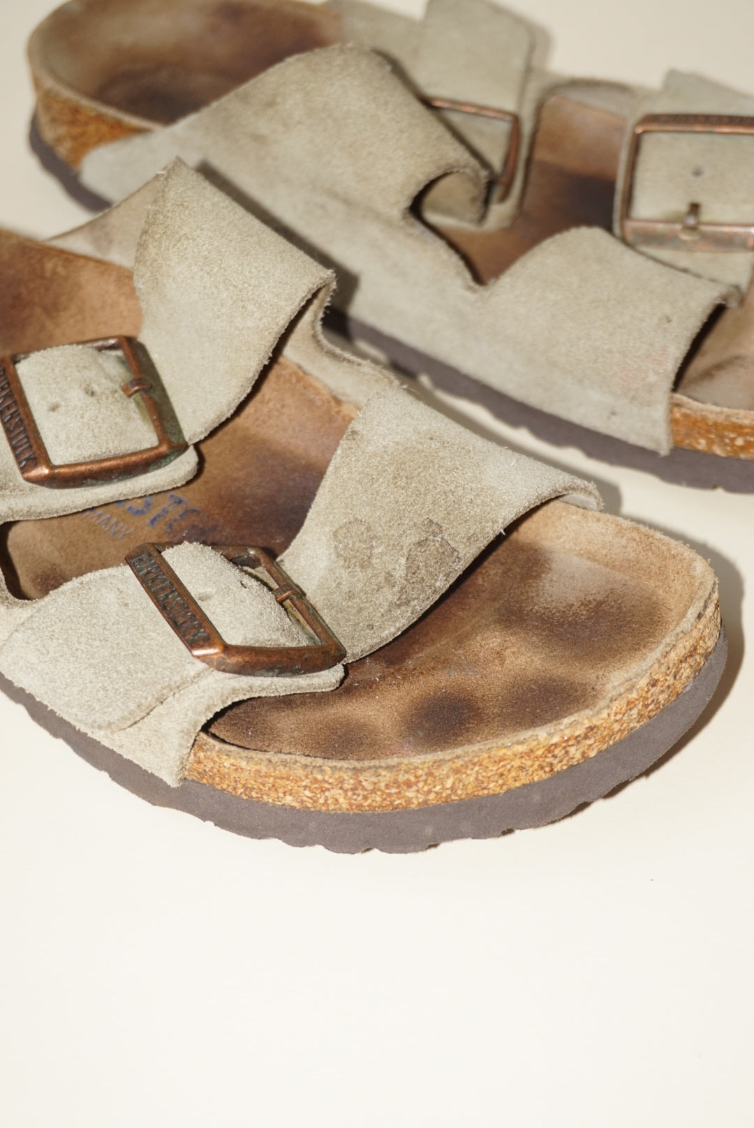 "Birkenstock" Arizona Suede Taupe "Betula" Leather Slide Sandals - Size 38