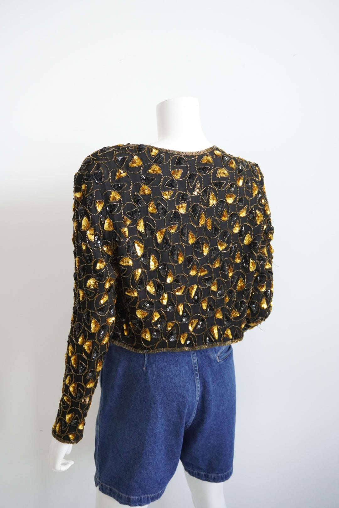 Papell Boutique Beaded Black and Gold Bolero Silk Evening Jacket - Size L