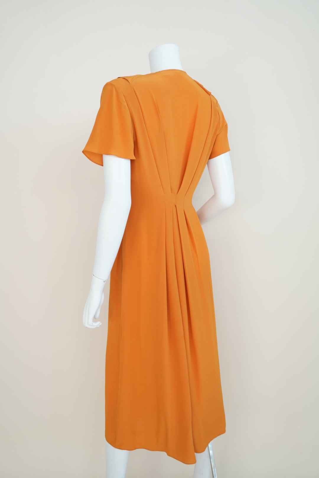 Victoria Beckham Mustard Silk Made in Italy Ruffle Plunge Neck Dress