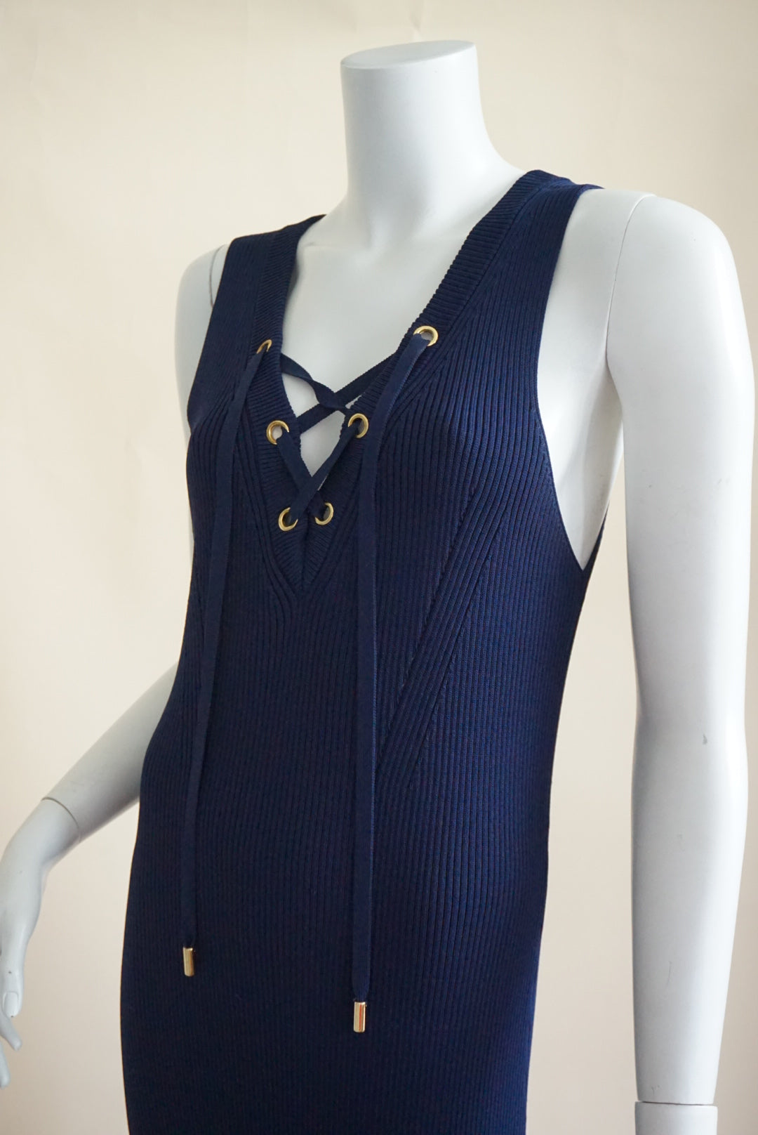 Michael Kors Navy Ribbed Knit Sleeveless Midi Dress - XL