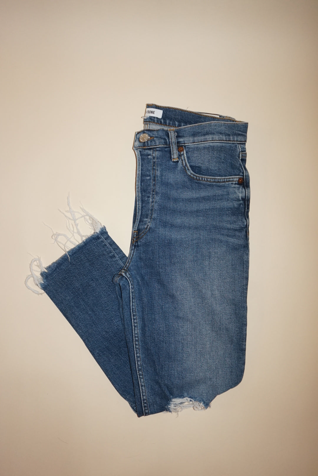 “Re/Done” Medium Wash Frayed Hem Jeans - Size 28