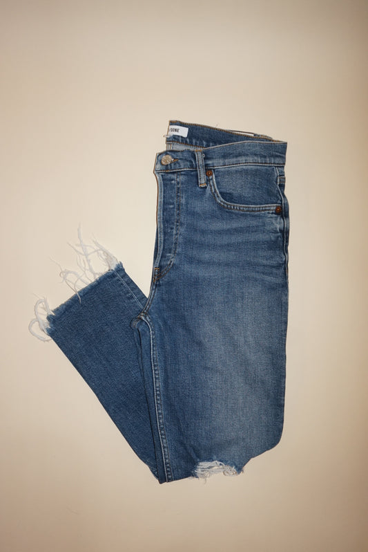 “Re/Done” Medium Wash Frayed Hem Jeans - Size 28