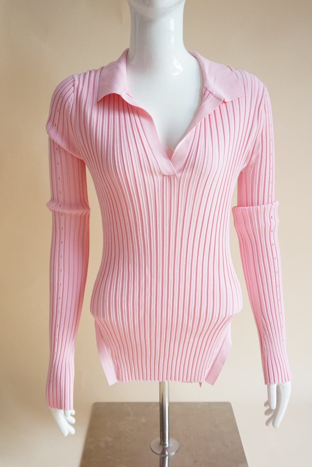 Helmut Lang Pink Ribbed Knit Slash Polo Top - Size Large