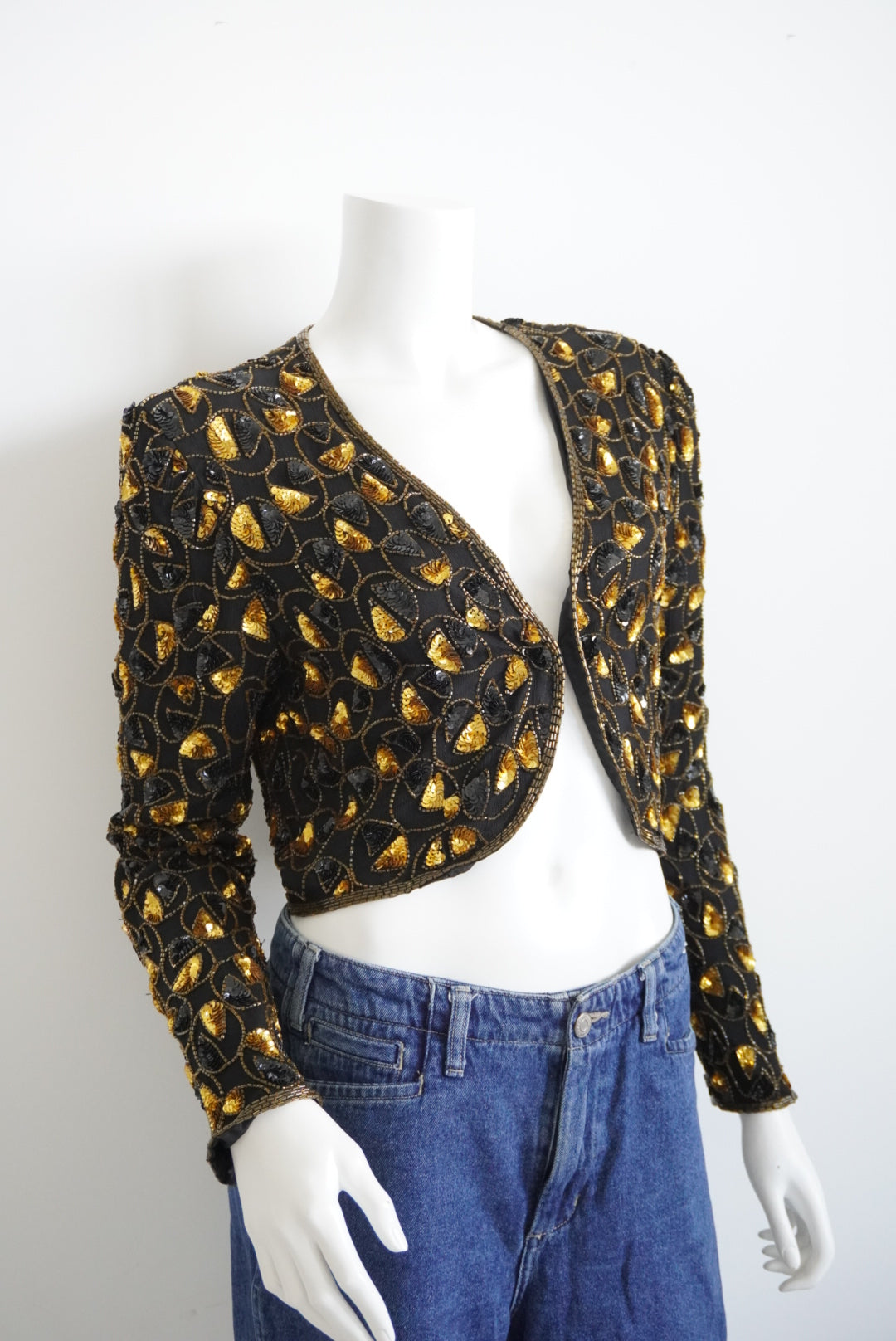 Papell Boutique Beaded Black and Gold Bolero Silk Evening Jacket - Size L