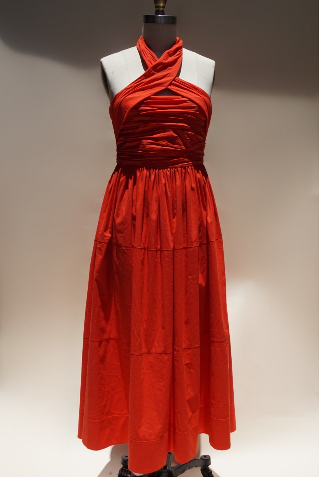 "Cinq à Sept" Halter Neck Poplin Gathered Midi Orange "Taylen" Dress - Size 6