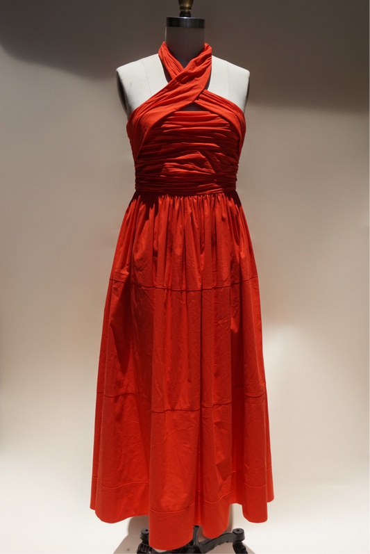 "Cinq à Sept" Halter Neck Poplin Gathered Midi Orange "Taylen" Dress - Size 6
