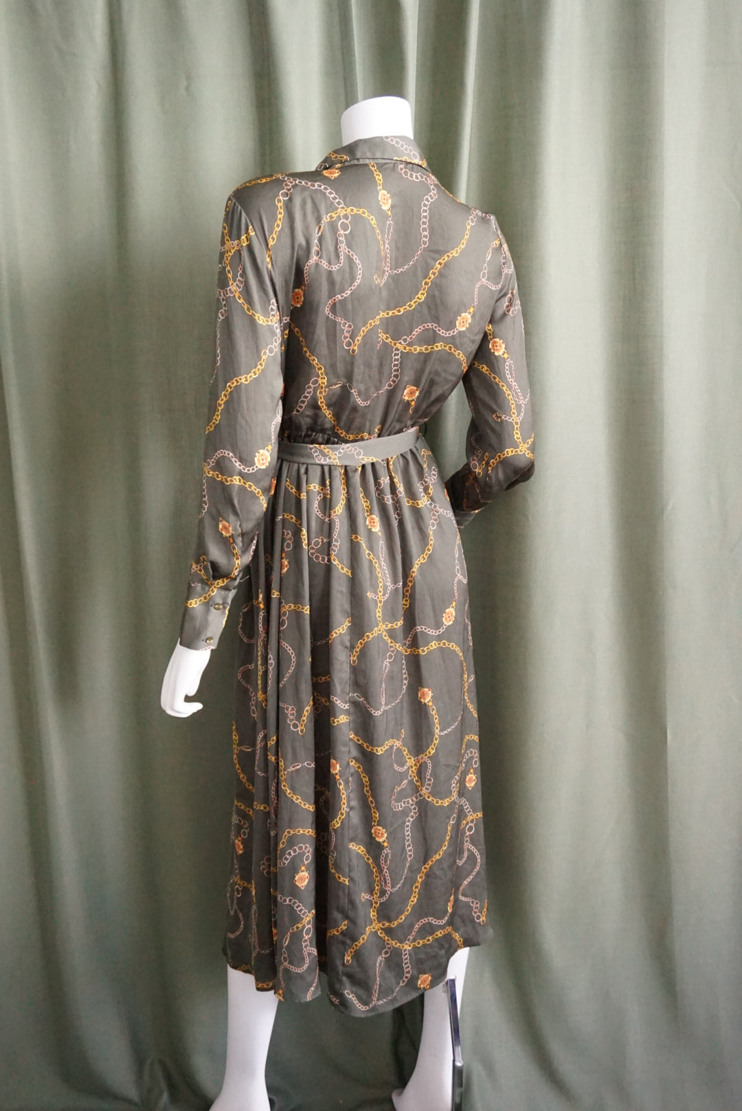 Mango Olive Chain Print Button Down Shirt Belted Dress - Size 6