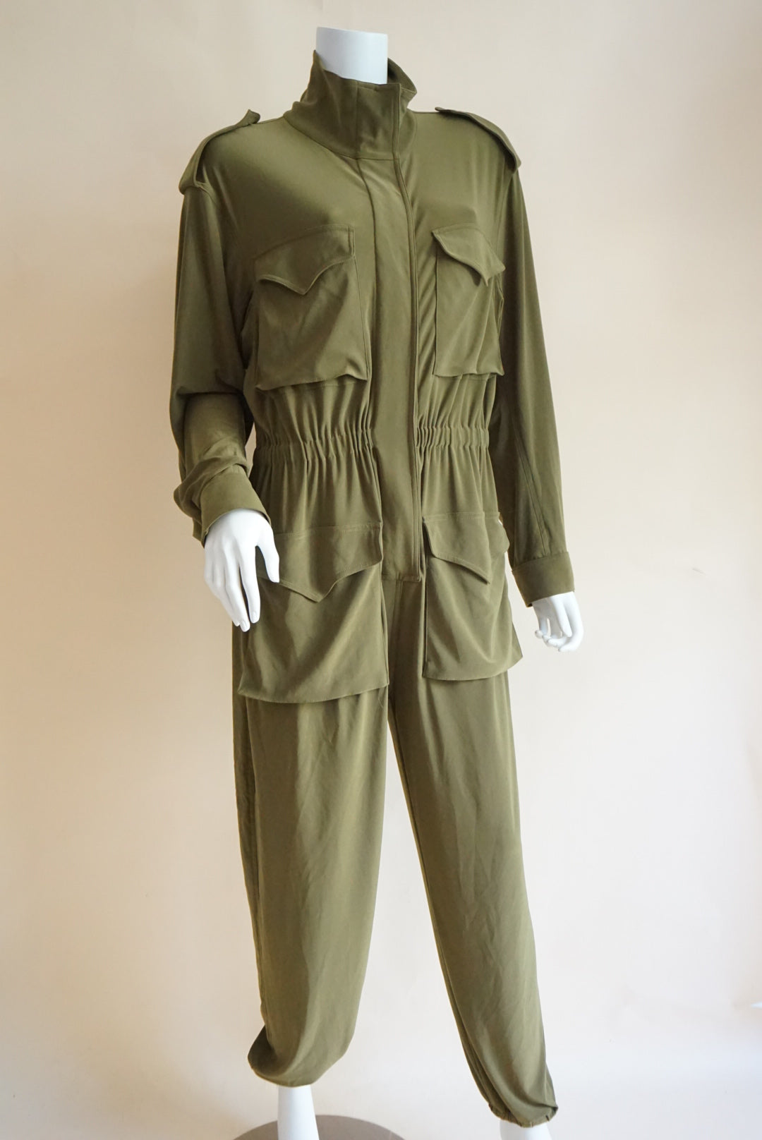Norma Kamali Olive Green Utility Cargo Lycra Jumpsuit - Size Large