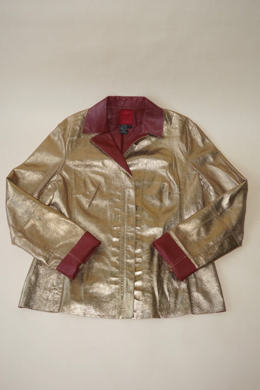 BCBGMaxazria Gold/Red Leather Metallic Leather Moto Jacket - Size Large