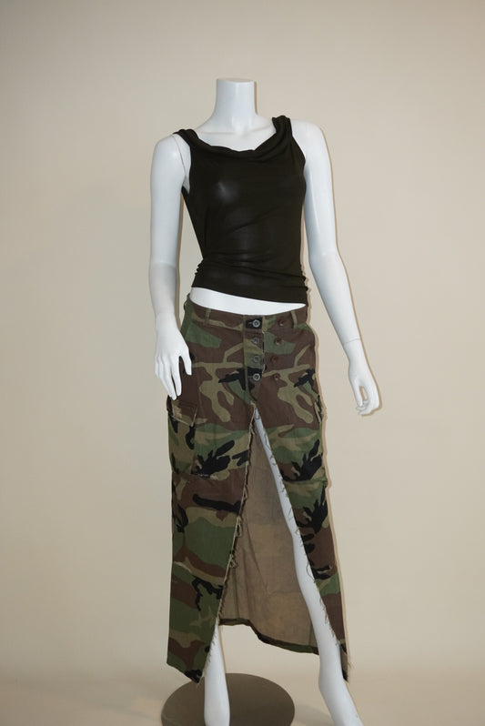 Camo Green Maxi Front Split Distressed Skirt Unlabeled - Size L