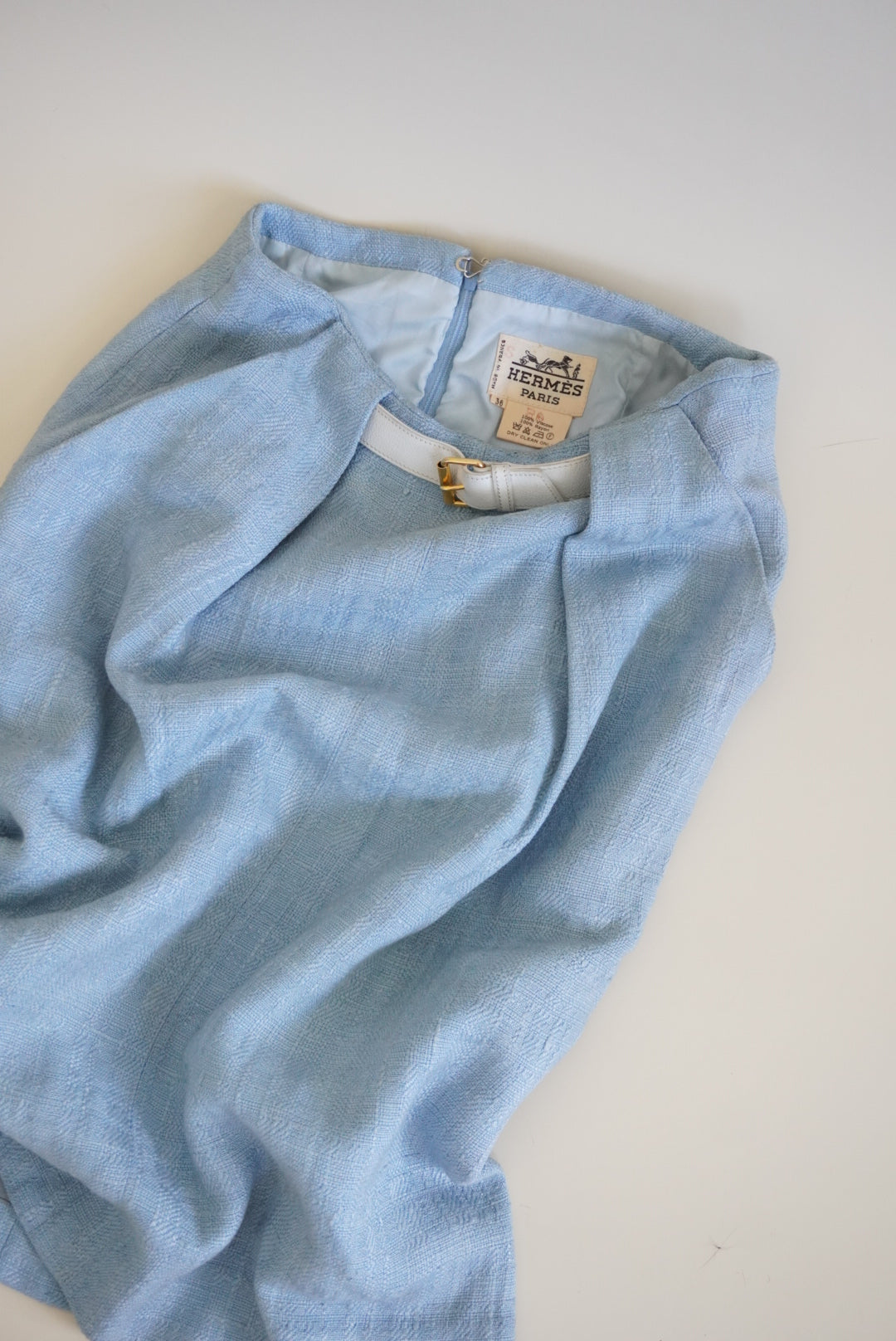 Hermes 70's VTG Baby Blue Buckle Pencil Woven Skirt - Size 36