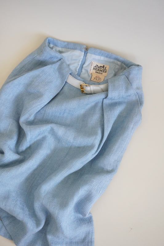 Hermes 70's VTG Baby Blue Buckle Pencil Woven Skirt - Size 36